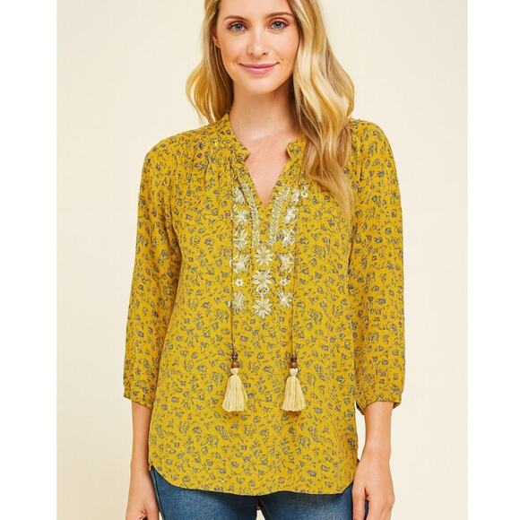 Mason & Belle blouse Stitch Fix Boho Peasant Top SZ XS yellow floral flowy - Picture 1 of 14
